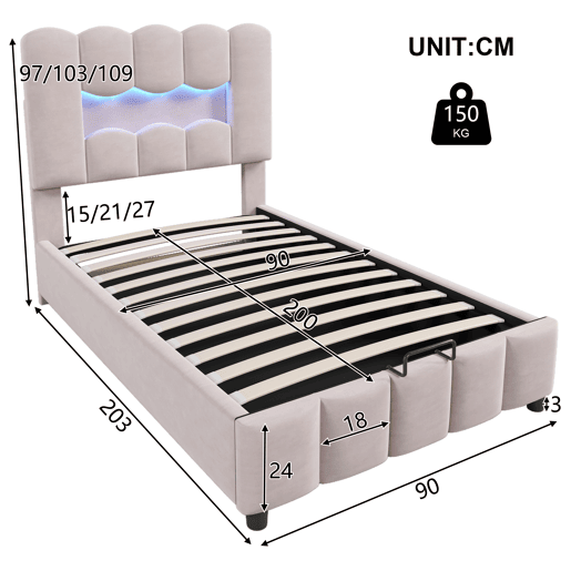 Cama estofada 90x200 cm - Sem colchão, LED, hidráulica, cabeceira ajustável, Veludo, Rosa