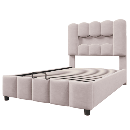 Cama estofada 90x200 cm - Sem colchão, LED, hidráulica, cabeceira ajustável, Veludo, Rosa