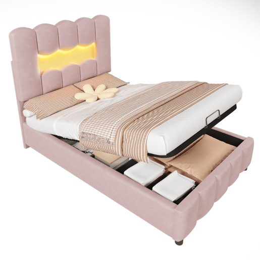 Cama estofada 90x200 cm - Sem colchão, LED, hidráulica, cabeceira ajustável, Veludo, Rosa