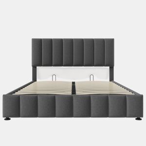Cama estofada hidráulica 140x200 cm - Cabeceira ajustável, estrutura metálica, arrumação - Cinza