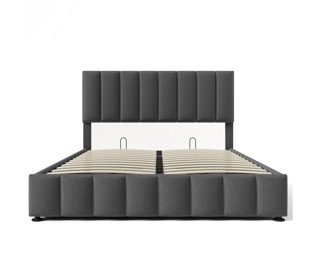 Cama tapizada hidráulica 140x200 cm - cabecero ajustable, estructura metálica, almacenamiento - gris