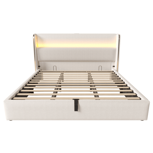 Cama hidráulica 180x200 cm - Com cabeceira ajustável, LED, armazenamento e portas USBType-C - Bege