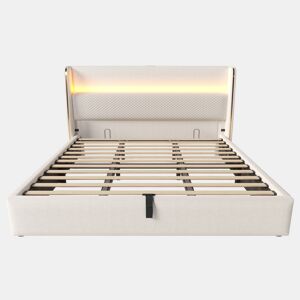 Cama hidráulica 180x200 cm - Com cabeceira ajustável, LED, armazenamento e portas USBType-C - Bege