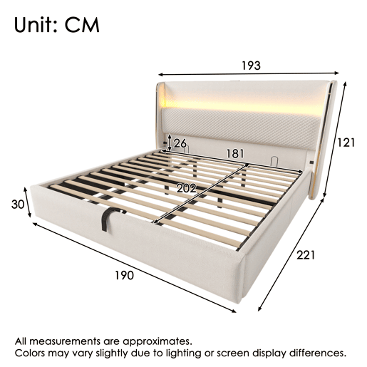 Cama hidráulica 180x200 cm - Com cabeceira ajustável, LED, armazenamento e portas USBType-C - Bege