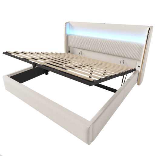 Cama hidráulica 180x200 cm - Com cabeceira ajustável, LED, armazenamento e portas USBType-C - Bege