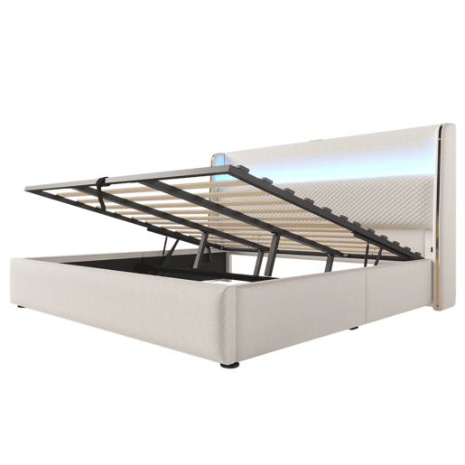 Cama hidráulica 180x200 cm - Com cabeceira ajustável, LED, armazenamento e portas USBType-C - Bege