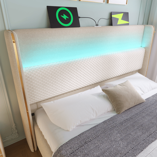 Cama hidráulica 180x200 cm - Com cabeceira ajustável, LED, armazenamento e portas USBType-C - Bege