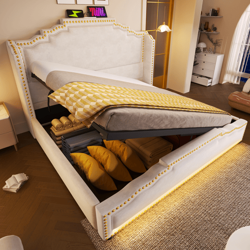 Cama Polsterbett 140x200 - Com armazenamento hidráulico, iluminação LED e porta USB-C - Bege