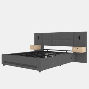 Cama estofada 180x200 cm - Cabeceira em veludo, gavetas de arrumação, luz LED, portas USB-C, estrutura metálica - Cinza escuro