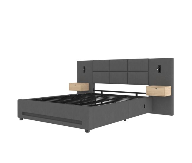 Cama tapizada 180x200cm - cabecero de terciopelo, cajones de almacenamiento, luz led, puertos usb-c, estructura metálica - gris oscuro