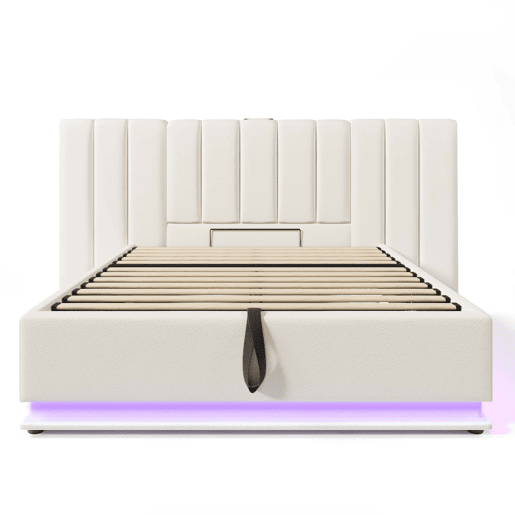 Cama Polsterbett 180x200 - Cama de casal com armazenamento hidráulico, LED e carregamento USB-C - Branco