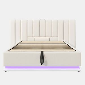 Cama Polsterbett 180x200 - Cama de casal com armazenamento hidráulico, LED e carregamento USB-C - Branco