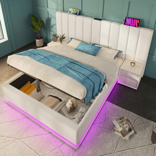 Cama Polsterbett 180x200 - Cama de casal com armazenamento hidráulico, LED e carregamento USB-C - Branco