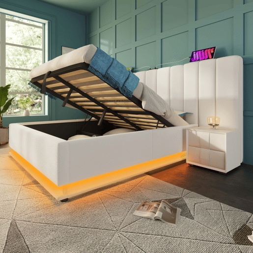 Cama Polsterbett 180x200 - Cama de casal com armazenamento hidráulico, LED e carregamento USB-C - Branco
