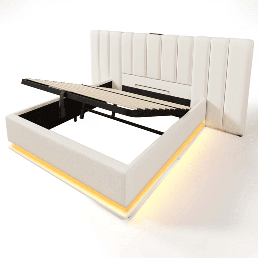 Cama Polsterbett 180x200 - Cama de casal com armazenamento hidráulico, LED e carregamento USB-C - Branco