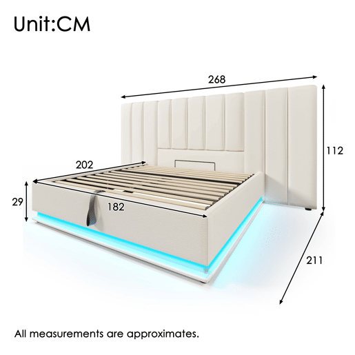 Cama Polsterbett 180x200 - Cama de casal com armazenamento hidráulico, LED e carregamento USB-C - Branco