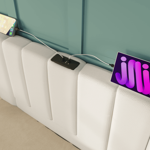 Cama Polsterbett 180x200 - Cama de casal com armazenamento hidráulico, LED e carregamento USB-C - Branco