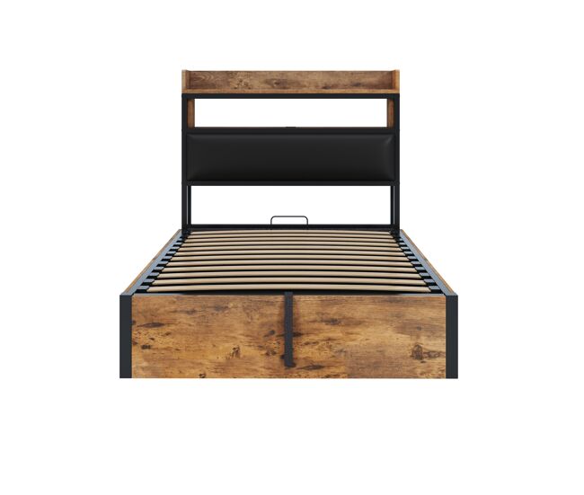 Cama individual 90x200 - con mecanismo hidráulico, usb, cabecera acolchada, diseño retro de madera y metal, capa de almacenamiento oculta - negro