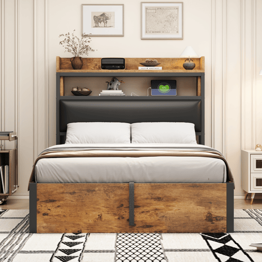 Cama individual 90x200 - Com mecanismo hidráulico, USB, cabeceira acolchoada, design retro em madeira e metal, camada de armazenamento oculta - Preto