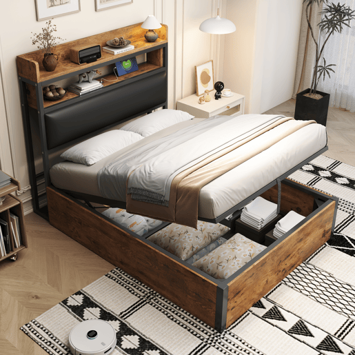 Cama individual 90x200 - Com mecanismo hidráulico, USB, cabeceira acolchoada, design retro em madeira e metal, camada de armazenamento oculta - Preto