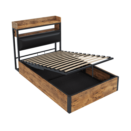 Cama individual 90x200 - Com mecanismo hidráulico, USB, cabeceira acolchoada, design retro em madeira e metal, camada de armazenamento oculta - Preto