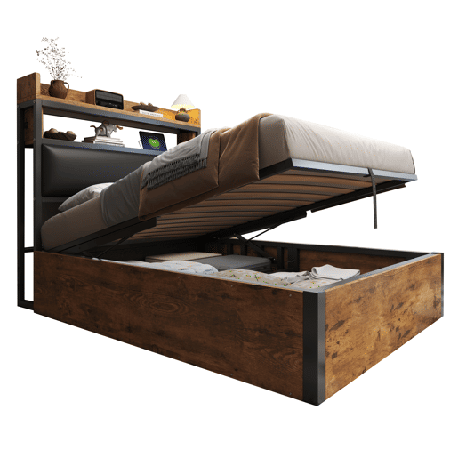 Cama individual 90x200 - Com mecanismo hidráulico, USB, cabeceira acolchoada, design retro em madeira e metal, camada de armazenamento oculta - Preto