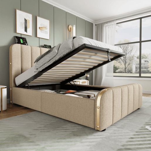 Cama Polsterbett 90x200 - Cabeceiras com tiras douradas, carregamento USB-C, bege