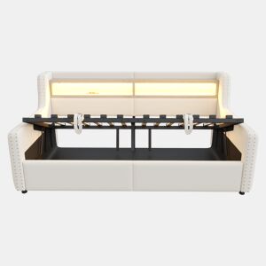 Sofá-cama 90x200 cm - Com armazenamento hidráulico, LED, tomada, bege