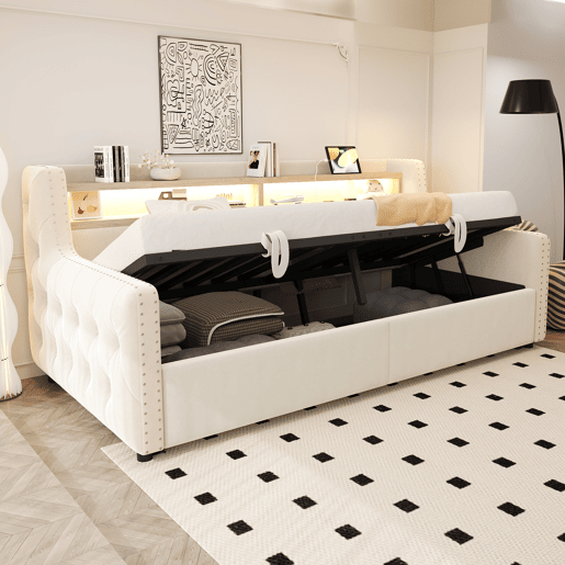 Sofá-cama 90x200 cm - Com armazenamento hidráulico, LED, tomada, bege