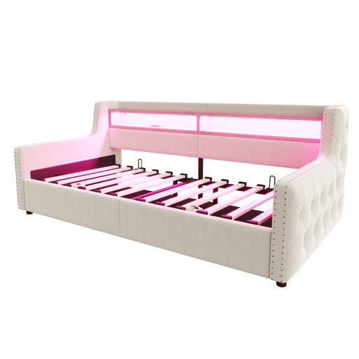 Sofá-cama 90x200 cm - Com armazenamento hidráulico, LED, tomada, bege