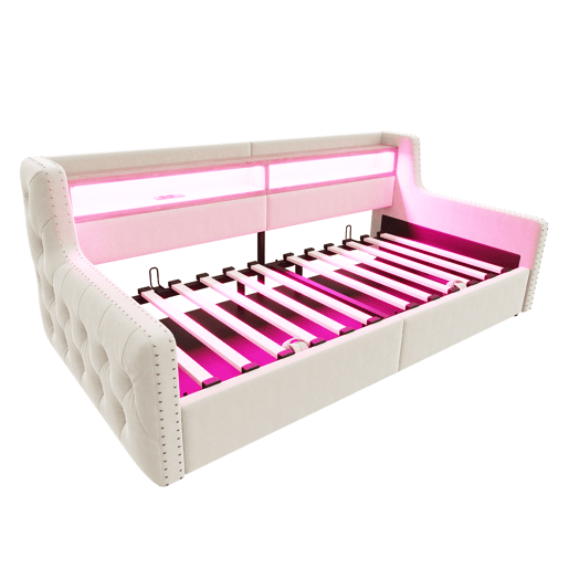 Sofá-cama 90x200 cm - Com armazenamento hidráulico, LED, tomada, bege