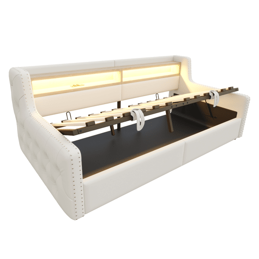 Sofá-cama 90x200 cm - Com armazenamento hidráulico, LED, tomada, bege