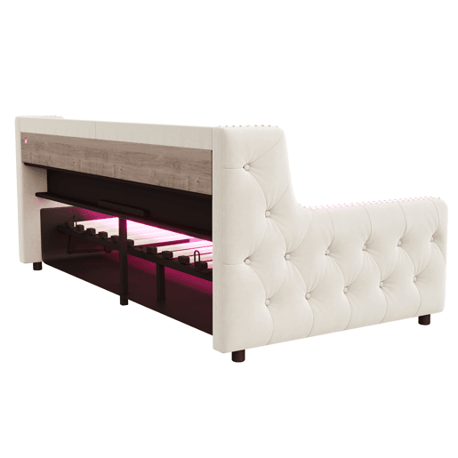 Sofá-cama 90x200 cm - Com armazenamento hidráulico, LED, tomada, bege