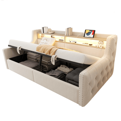 Sofá-cama 90x200 cm - Com armazenamento hidráulico, LED, tomada, bege