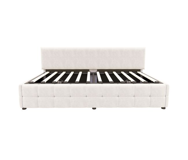 Cama individual 90x200 cm - con almacenamiento hidráulico, sin reposabrazos, con patrón de cuadros, beige