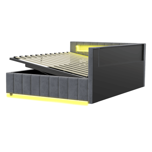 Sofá-cama 140x200 - Com armazenamento hidráulico, luz LED, porta USB, encosto, cabeceira, estrutura estável - Cinza
