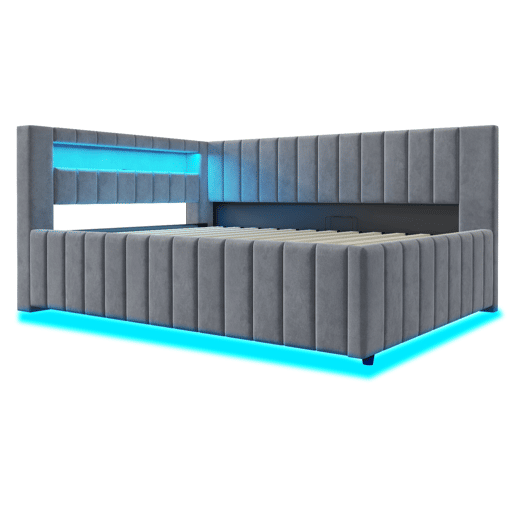 Sofá-cama 140x200 - Com armazenamento hidráulico, luz LED, porta USB, encosto, cabeceira, estrutura estável - Cinza