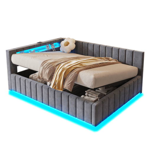 Sofá-cama 140x200 - Com armazenamento hidráulico, luz LED, porta USB, encosto, cabeceira, estrutura estável - Cinza