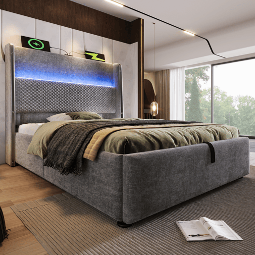 Cama hidráulica 90x200 cm - Com iluminação LED, armazenamento, portas USBType-C - Cinza