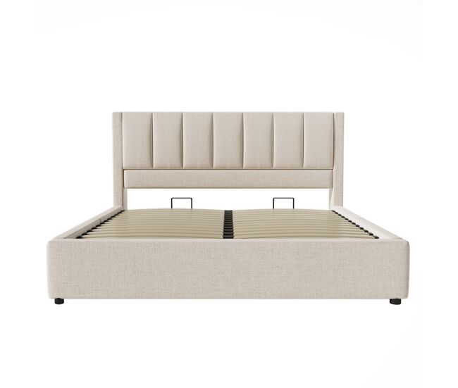 Cama tapizada 140x200 cm - con almacenamiento y carga, hidráulica, con lattenrost - beige