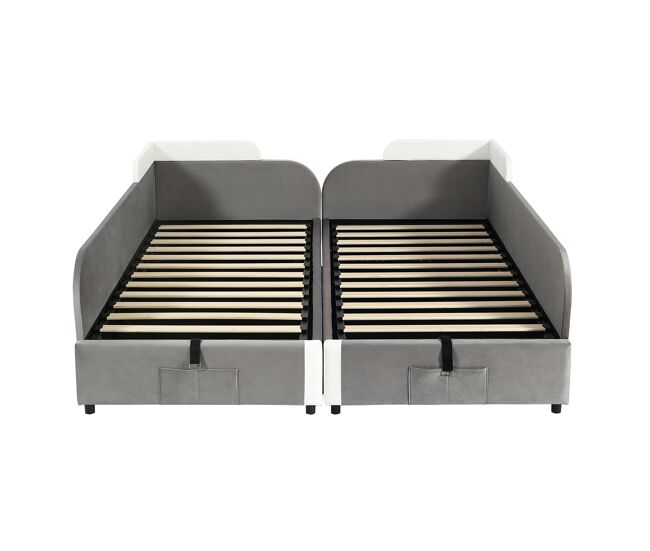 Cama infantil combinada 90x200 cm - cama hidráulica con almacenamiento, vallado blando, bolsa de almacenamiento - blanco+gris