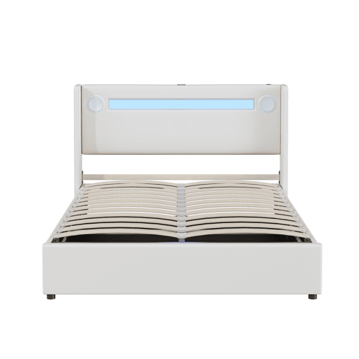 Cama estofada 140x200 cm - com luz LED, Bluetooth, carregamento USB, caixa de armazenamento, branca