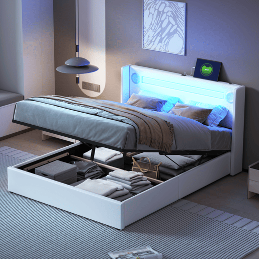 Cama estofada 140x200 cm - com luz LED, Bluetooth, carregamento USB, caixa de armazenamento, branca