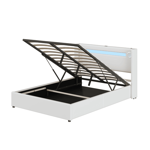 Cama estofada 140x200 cm - com luz LED, Bluetooth, carregamento USB, caixa de armazenamento, branca