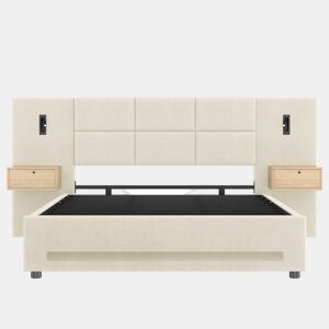 Cama estofada europeia 180x200cm - Cabeceira em veludo bege, gavetas de arrumação, luz LED, portas USB-C, arrumação hidráulica, estrutura metálica