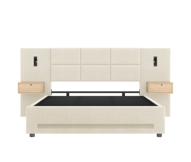 Cama tapizada europea 180x200cm - cabecera de terciopelo beige, cajones de almacenamiento, luz led, puertos usb-c, almacenamiento hidráulico,
