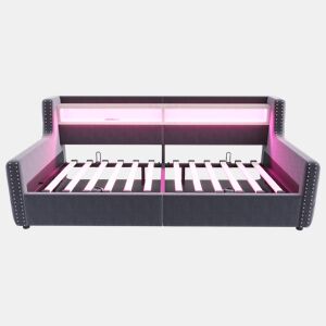 Sofá-cama 90x200 cm - Com armazenamento hidráulico, encosto e braços grossos, com LED e tomada - Cinza escuro