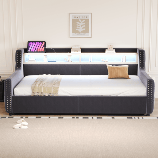 Sofá-cama 90x200 cm - Com armazenamento hidráulico, encosto e braços grossos, com LED e tomada - Cinza escuro