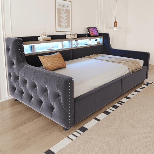 Sofá-cama 90x200 cm - Com armazenamento hidráulico, encosto e braços grossos, com LED e tomada - Cinza escuro