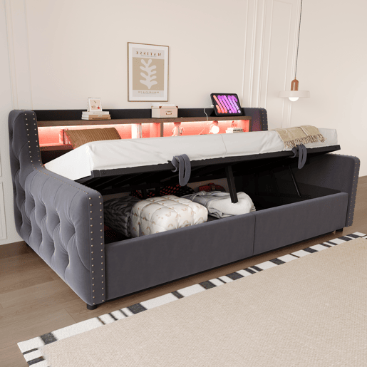 Sofá-cama 90x200 cm - Com armazenamento hidráulico, encosto e braços grossos, com LED e tomada - Cinza escuro